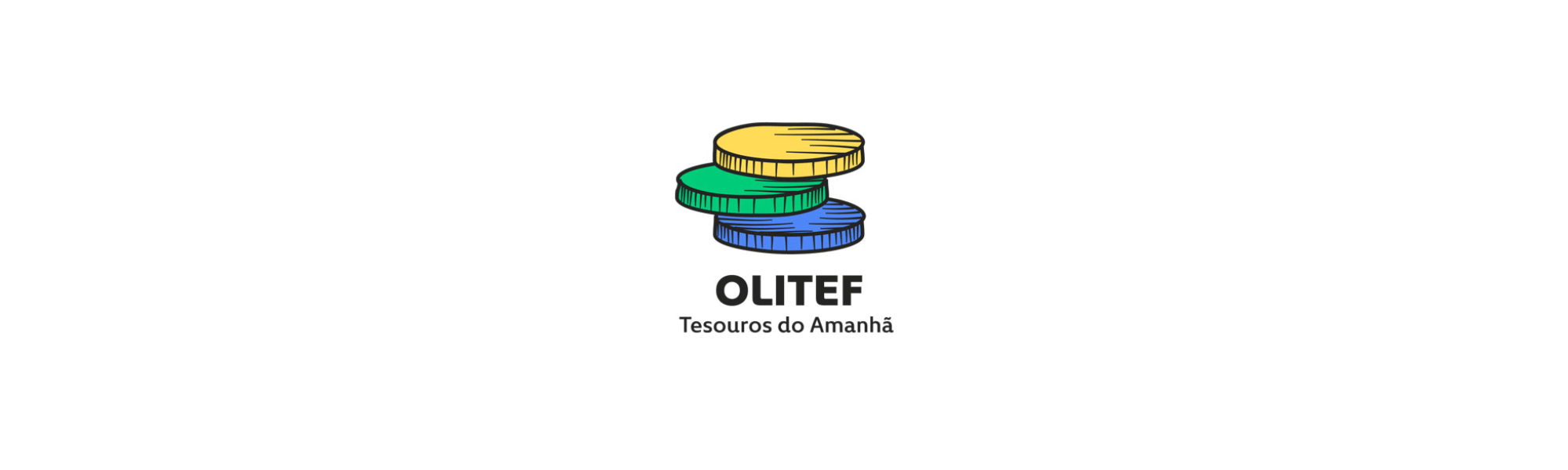 Três moedas coloridas empilhadas em amarelo, verde e azul, com o texto "OLITEF Tesouros do Amanhã" abaixo.