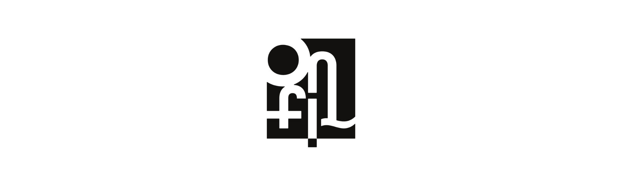 Um logotipo abstrato em preto e branco com letras "onfil" estilizadas e formas geométricas interligadas.