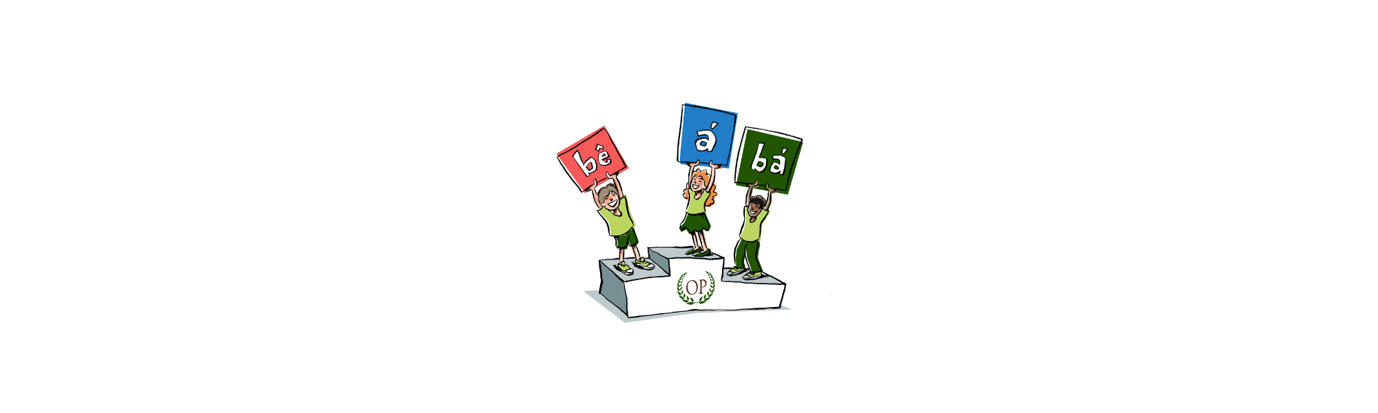 Três crianças felizes em pódios de blocos vermelhos, azuis e verdes com as sílabas "BÊ", "Á", "BÁ". Acima, um "QP" estilizado cercado por um ramo de folhas.