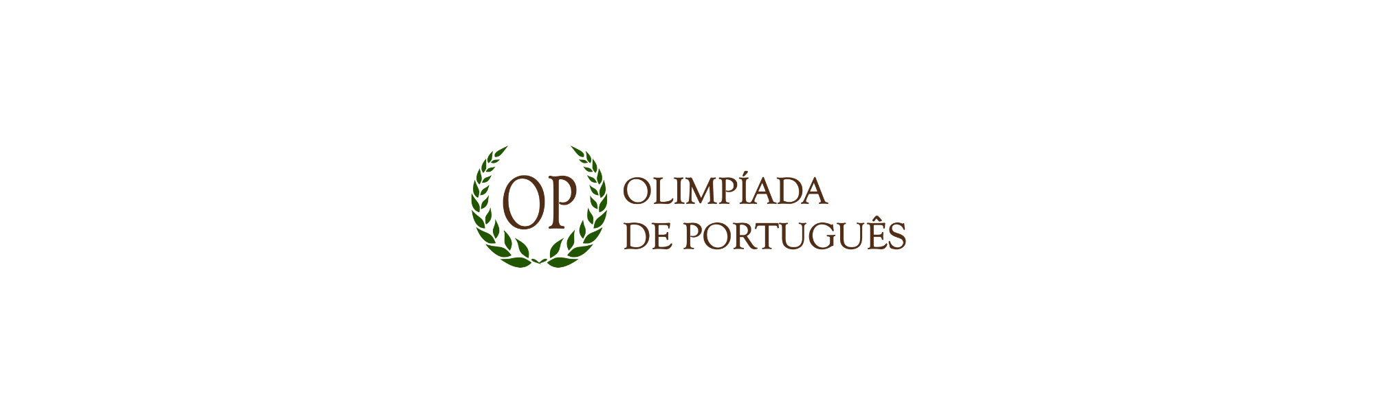 Um logo em fundo verde-escuro com "OP" em marrom cercado por louros verdes, ao lado de "OLIMPÍADA DE PORTUGUÊS" em marrom.