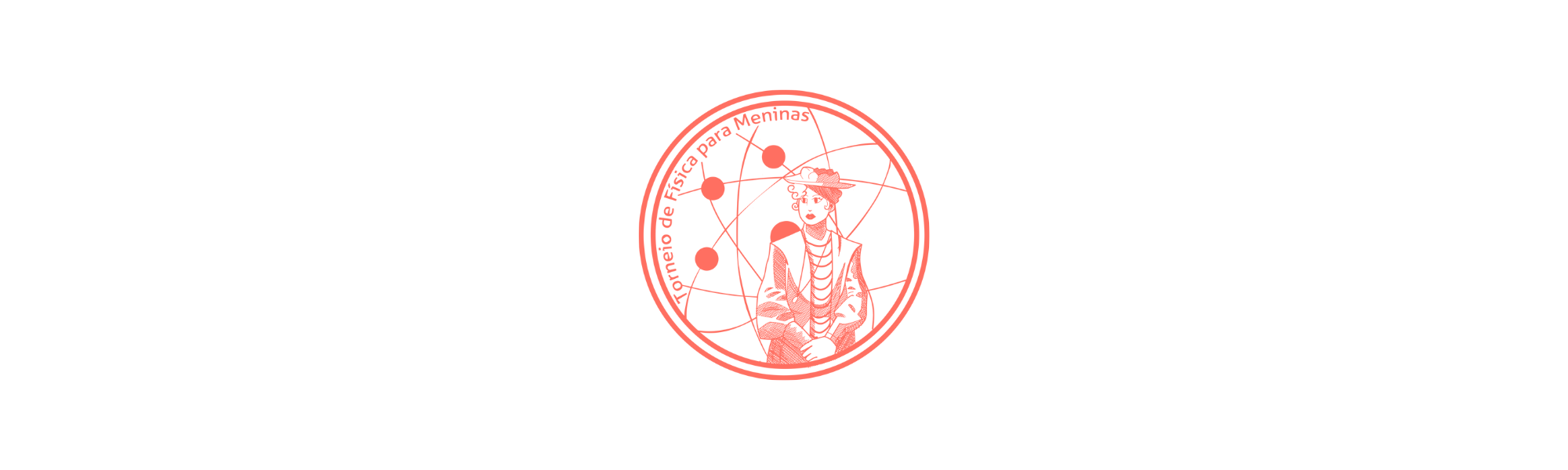 Logotipo do "Torneio de Física para Meninas", com uma mulher e um átomo estilizados em tons de coral e preto.